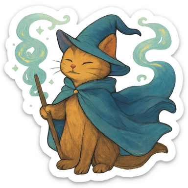 ghibli style wizard cat with a flowing cloak and magical aura sticker