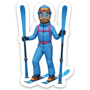 bearded man skiing down, blue outfit, smiling. full body view.  sticker