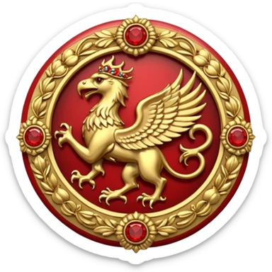 Golden griffin crest / brosch in a circle with red gems and no background sticker