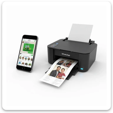 realistic thumbnail for a WhatsApp print out service, phone on the left displaying WhatsApp chat with image and document icons, printer on the right outputting printed photos and documents, white background sticker
