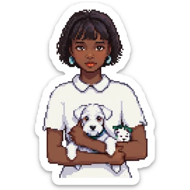 Black girl with short bangs holding a white schnauzer dog sticker