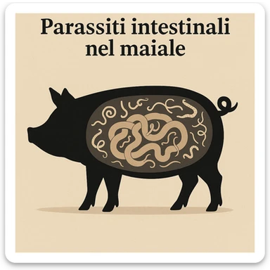 symbolic scene silhouette of a pig with intestine highlighted in transparency stylized parasites neutral background italian text 'Parassiti intestinali nel maiale' 4K quality sticker