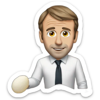 Emmanuel Macron in front of his office, he has flour on his nose, there is a pile of white flour on the desk, and his pupils are dilated sticker