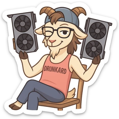 goat for Telegram stickers inspired by reference https://attic.sh/feoducyurkpqwz0la088soao98sx: wearing a cap, glasses, mullet hairstyle, pink drunkard tank top, sitting on a chair, holding a large video card in each hand at shoulder level, winking, pose like in the photo, clean lines, soft gradients. transparent background sticker
