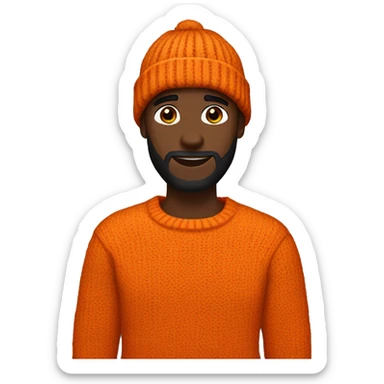 man wears an orange sweater and a black beanie, darkskin with beard sticker