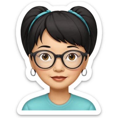 filipino woman black hair in one pony tail with straight bangs and big glasses, 60 yr old

 sticker