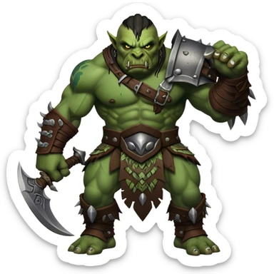 Cinematic Realistic WoW Orc Warrior Portrait, captured in a dynamic, battle-ready stance, muscles bulging beneath intricately detailed tribal armor accented with dark leather and iron. His fierce, determined eyes and battle-scarred green skin are rendered with dramatic natural lighting and high shine, exuding raw, relentless fury in a fierce combat pose. sticker