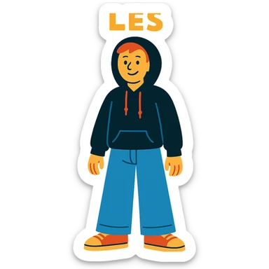 person named Les wearing wide jeans and a black hoodie sticker