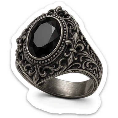 gothic ring in aristocrat goth style, silver, black stone, intricate design sticker