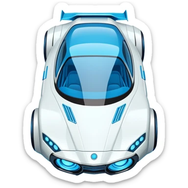 Top-down view of futuristic retro hover car with angular design and glowing blue wheels, flat vector style, minimal color palette with blue highlights sticker