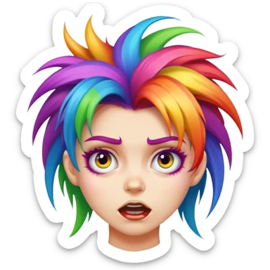 girl with rainbow crazy hair, mad face  sticker