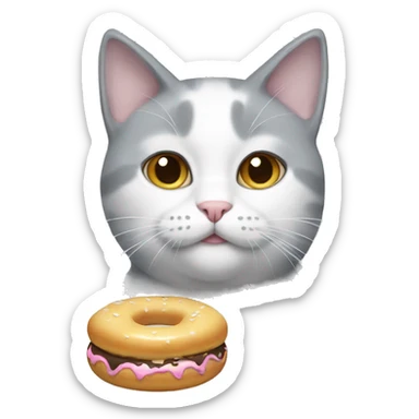 grey-white cat with white donut sticker