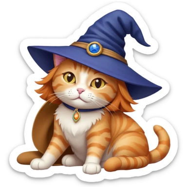 full body ginger tabby cat flopped over on her side wearing an indigo witch hat sticker