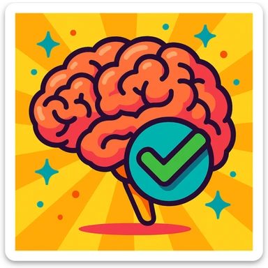brain with a checkmark overlay, showing successful problem solving, vibrant cartoon style sticker