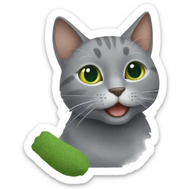 Grey cat playing with catnip sticker