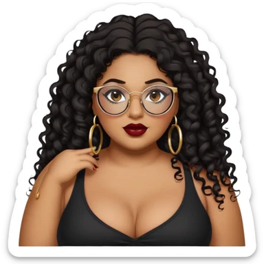 big plus size, latina, darker tan skin, gold hoops, long black curly hair, baddie,pretty, makeup, dark red lipgloss, black eyeliner, long hair, black top, black glasses sticker