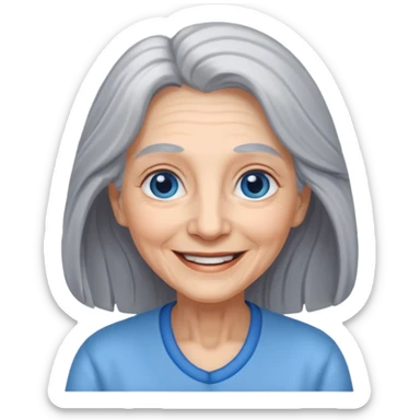 an elderly woman with long, grey hair and a smiling face with blue eyes sticker