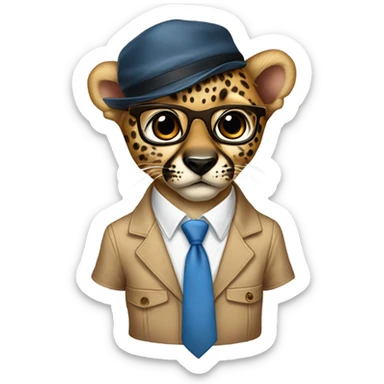 baby cheeta in a brown backward cap, brown-lens glasses, wearing white shirts, blue neck-tie sticker