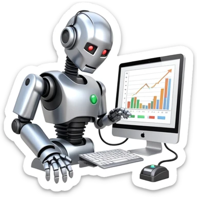a robot plugged into a computer with charts on it running diagnostics sticker