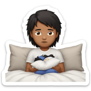 generate a pretty bratz brown skinned boy with black messy long hair wearing a white tshirt sitting in his in bed. Looking sleepy sticker