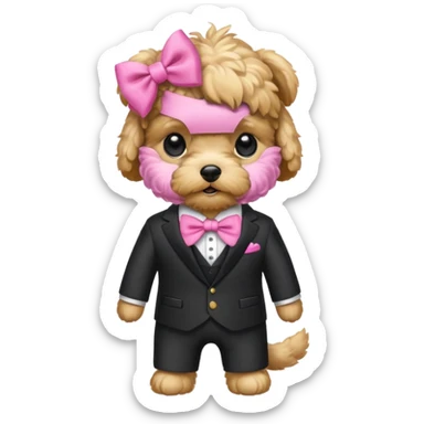 Golden maltipoo dog with pink bow k bow that is very poise make it have a suit on sticker