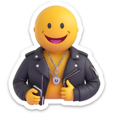 3D smiley emoji, round shape, motorcyclist with chain wallet: chain wallet, leather jacket, smiling face sticker