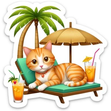 Orange tabby cat lounging under a palm tree with a mai tai tropical drink sticker