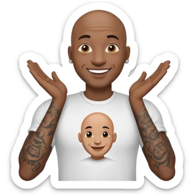 bald black man with bold full face tattoos, happy face, wearing a t-shirt sticker