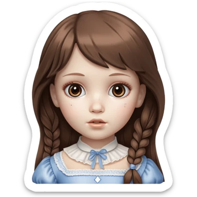 porcelain doll pretty but creepy with a cracked face, long brown hair and side bangs.  sticker