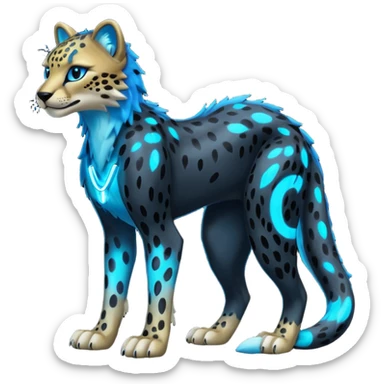 Obsidian-black fur body with bioluminescent neon glowing blue ring-markings Grem2-Gremz-Cheetah-Sergal-fusion, full body  sticker
