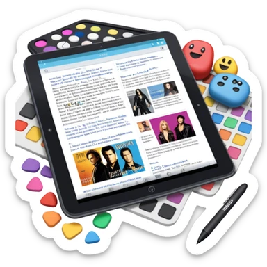 Create an emoji representing fanfiction writing. The design should feature a tablet with a screen displaying images of rock and movie stars, symbolizing the inspiration from popular culture. Next to the images, there should be visible text representing the fanfiction being written. A stylus should be placed near the tablet to emphasize the act of writing. Use a creative and expressive color palette with vibrant and neutral tones. Do not include any emojis or smiley faces. Make the background transparent. sticker