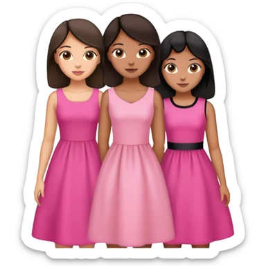 Three sisters hug, light skin with dark brown hair, tan skin black hair, tan skin dark brown hair, pink dresses sticker