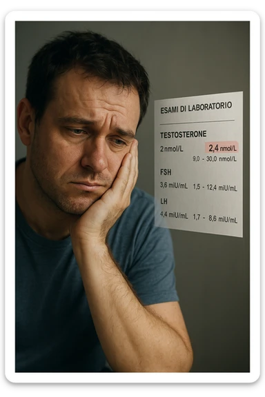 Un uomo caucasico di 35-45 anni, in CGI fotorealistico, che mostra i segni fisici ed emotivi di un basso livello di testosterone. aggiungere un referto medico semi-trasparente fluttuante accanto a lui, con valori di testosterone evidenziati in rosso. in italiano sticker