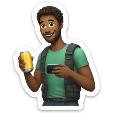 man filming himself on his phone and holding a can of drink sticker