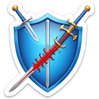 shiny vibrant blue heater shield with a vertical sword behind it, blood effect on the sword, apple emoji style sticker