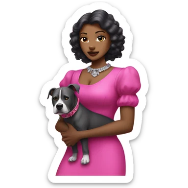 Black lady with black hair wearing hot pink dress hugging large all grey pitbull with spiked pink collar sticker