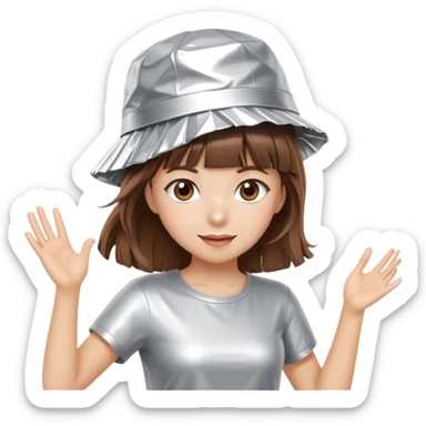 Brown hair girl with bangs wearing tinfoil hat and doing a dance sticker