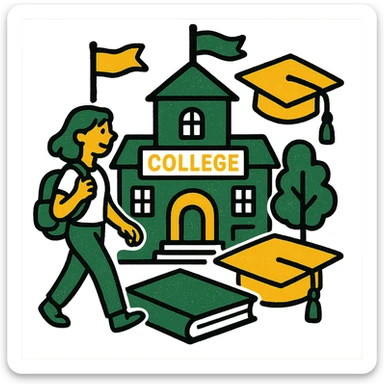 college campus scene, professional style, green gold and white color scheme, bold and clear, suitable for digital use sticker