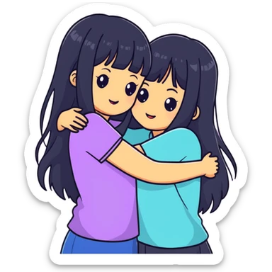 two white girls with long black hair hugging each other, one with bangs sticker