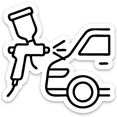 outlined icon of a paint spray gun pointing at a car section, clean lines, glossy black paint spraying out, silver details, modern and simple sticker