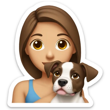 shoulders up girl with brown hair holding pitbull puppy close to her face sticker