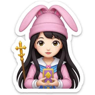 pixel art chibi asian girl with dark long hair in pink bunny hat magical girl with kawaii tarot cards thrown in air pixel emoji sticker