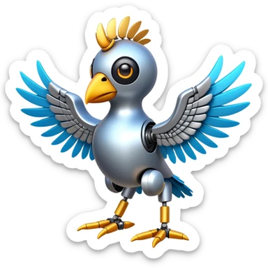 bird with feathers on head and wings, robotic lower body and legs with metallic textures, emoji style sticker