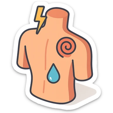 Silhouette of a back with stress icons indicating pain zones: lightning bolt in the neck, sweat drop in the lower back, and spiral in the shoulder blades. Style: 2D Isometric with clear shadows and highlights, transparent background. sticker
