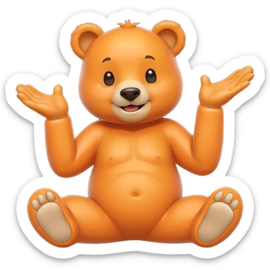 Create a orange friendly bear, make him look like from a kid cartoon and make him smile. Show his whole body. Make him look shy and cross his leg while pointing his index finger towards each other sticker