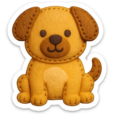 <StylePrompt>
  <Name>Felt Appliqué Plush Style</Name>
  <Description>A soft, handcrafted look inspired by plush felt fabric with visible stitching and a padded 3D texture, rendered on a solid black background.</Description>
  <VisualProperties>
    <Material>Felt</Material>
    <Texture>Soft, fuzzy, with slight fiber detail</Texture>
    <Stitching>
      <Type>Thick thread</Type>
      <Color>Orange or slightly darker tone than fabric</Color>
      <Pattern>Uniform running stitch along outer edge</Pattern>
    </Stitching>
    <Padding>High, plush-like 3D depth</Padding>
    <Edges>Rounded corners</Edges>
    <ColorPalette>
      <Primary>Warm yellow/orange tones</Primary>
      <Accent>Brown or dark orange for facial features and outline</Accent>
      <Background>Black</Background>
    </ColorPalette>
  </VisualProperties>
  <Rendering>
    <Lighting>Soft, even studio lighting</Lighting>
    <Shadows>Subtle drop shadows for depth</Shadows>
    <Perspective>Flat front-facing, symmetrical if applicable</Perspective>
  </Rendering>
  <Applicability>
    <SubjectType>Any object, animal, or letterform</SubjectType>
    <OutputFormat>Icon, emoji, patch-style graphic</OutputFormat>
  </Applicability>
</StylePrompt>

{subject} = dog sticker