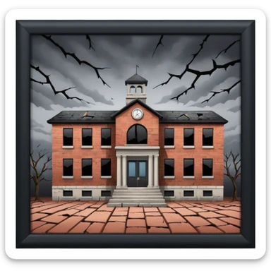 A broken/abandoned school with cracks and dust  with no back ground in an abandoned place with a blackish greyish sky  sticker