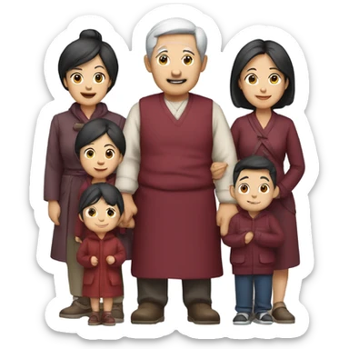 Middle-aged smiling Asian family of 6 with burgundy outfits sticker