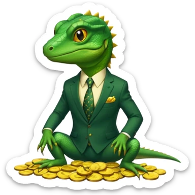 lizard in a business suit with a sly expression, sitting on gold coins sticker