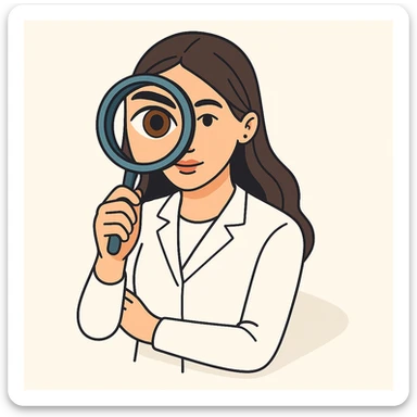 Edit the image of a female doctor with dark long straight hair and detailed brown eyes (not just dots). She wears a white coat. The style is 2D isometric with a minimalist background. The doctor is facing forward, looking directly at the camera through a magnifying glass. One eye is enlarged and distorted like a fisheye lens. sticker